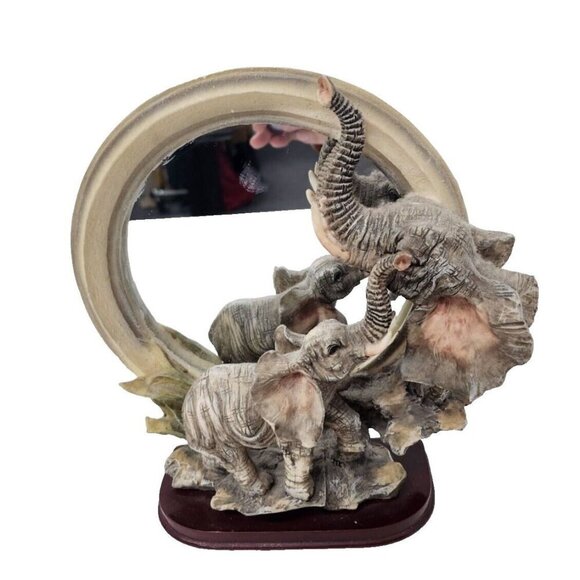 Vintage Elephant Sculpture 3D Framed Mini Accent Mirror Free Standing Round - Picture 1 of 8